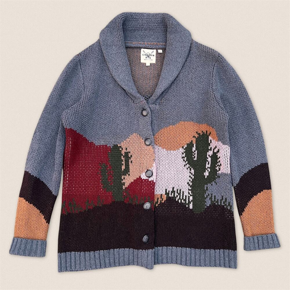 Western Desert Cotton Rye Cardigan Sweater Cowl neck Gray - Size Large